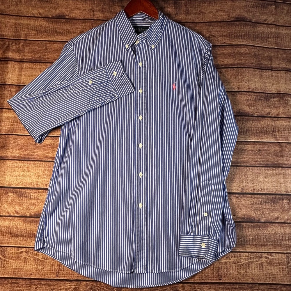 Ralph Lauren Mens Custom Fit Striped Button Down Shirt Blue White L Pink Pony